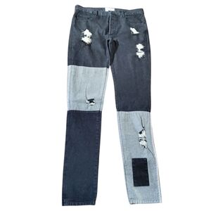 New Black Scale Distressed Patch Slim Straight Leg Jeans Size 34
